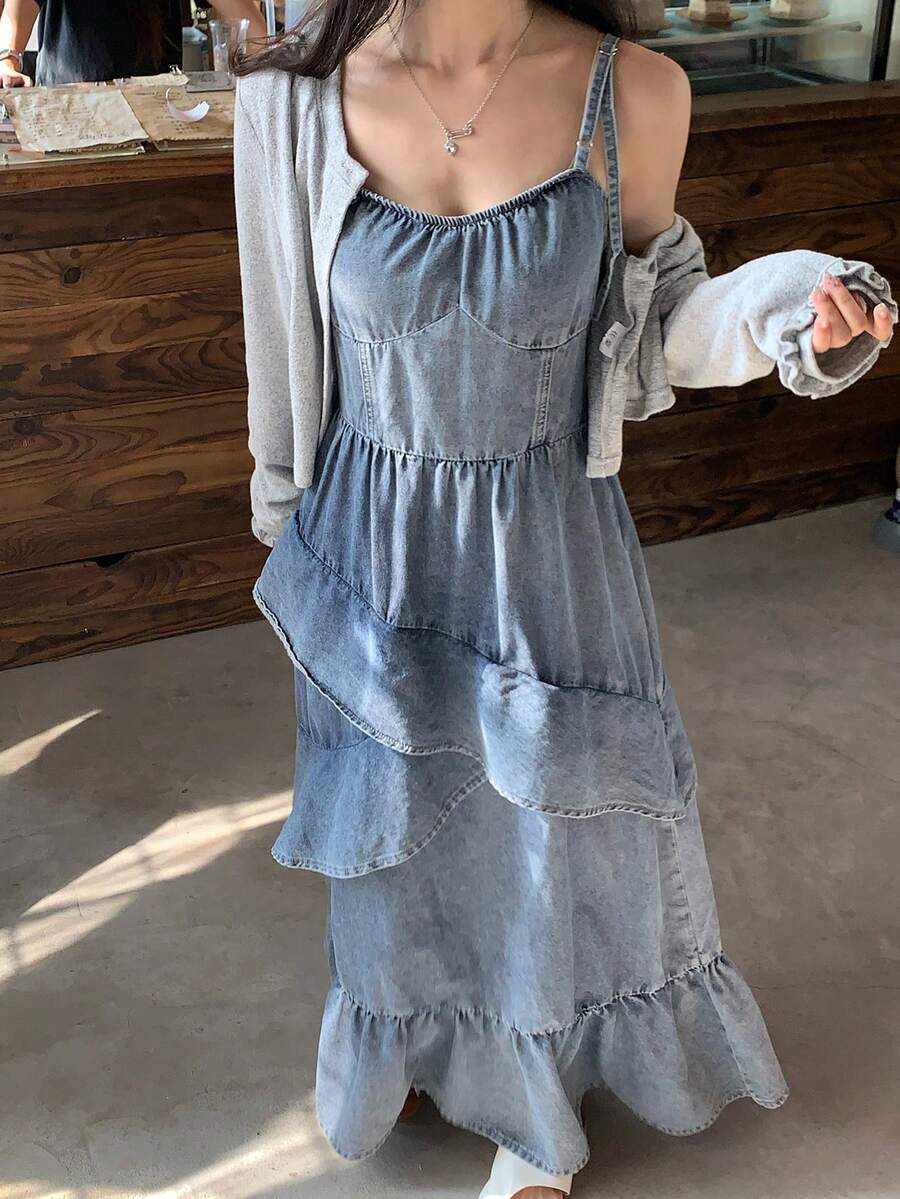 DAZY Đầm denim dây đeo xếp ly thanh lịch dành cho nữ, đầm hè chống nắng cho nữ - Rửa trung bình - Xem 1