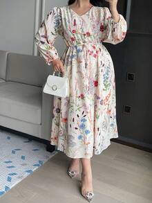 Dazy Plus Plus Size Women V-Neck Floral Print Elegant Waist Cinched Party Dress Sundress Boho Vacation Outfits Women - Multicolor - View 6