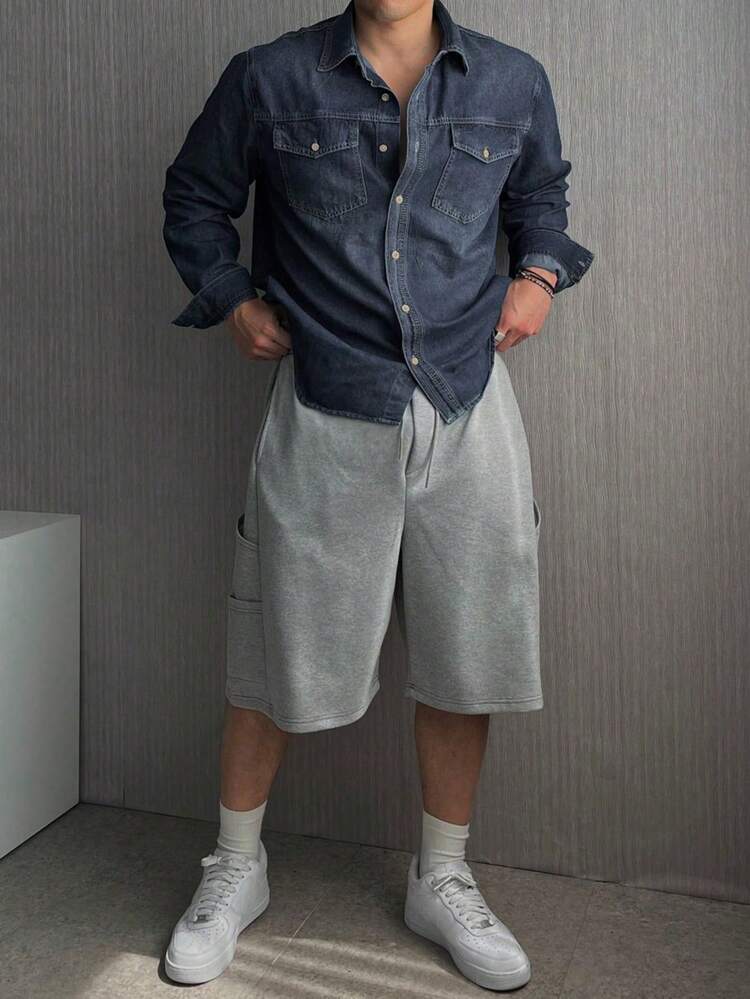 Men's Solid Dark Grey Washed Distressed Denim Jacket, Autumn