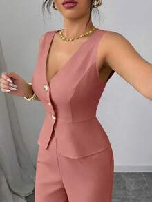 Elenzga Women's Elegant Sleeveless Blazer Vest And Pants Suit Set, Business/Commute Style, Summer - Pink - View 5