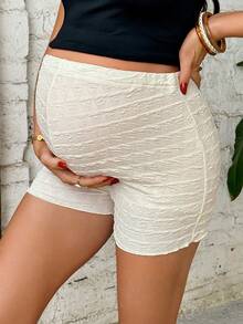 SHEIN 孕妇夏季休闲度假提花可调节腰围短裤 - 杏色 - 查看 4