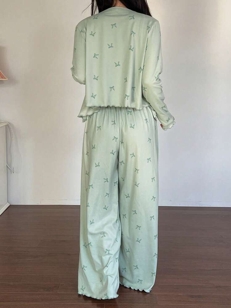 3pcs Bow Print All-Over Allover Print Camisole & Pants Pajama Set For Women, Spring
