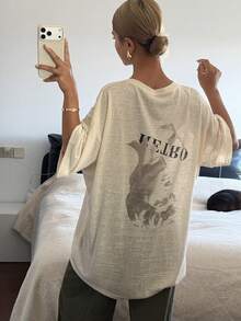 DAZY Women's Summer Round Neck Short Sleeve Sheer Printed Loose Casual Street T-Shirt Graphic Tees Women - Apricot - View 4