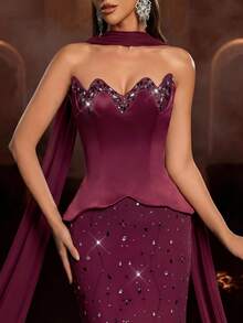 Glamrae Elegant, Luxurious, Colorful Rhinestone Embellished Strapless Mermaid Dress, Suitable For Weddings, Parties, Vacations, Galas, Formal Events (Heavy Embellishment) - Burgundy - View 8
