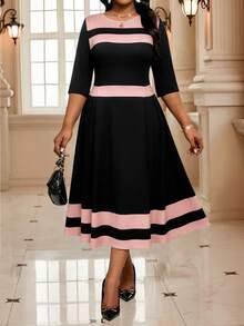 SHEIN Lady 大码优雅通勤撞色条纹连衣裙 - 彩色 - 查看 6