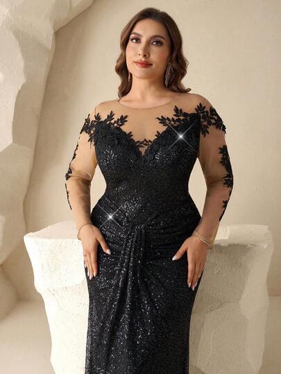 Coutiva 大码女士优雅网纱拼接亮片鱼尾摆晚礼服