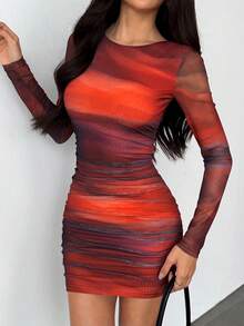 SHEIN PETITE Đầm mini ôm sát gợi cảm in họa tiết tie-dye bằng vải lưới dành cho nữ. - Màu Đỏ Sâu - Xem 7