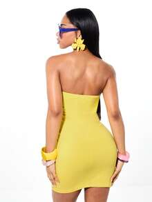 SUMWON WOMEN Strapless Graphic Bandeau Bodycon Mini Dress With Abstract Print Pattern Summer Party Club Wear - Yellow - View 2