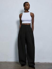 Aveloria Modichic New Stylish Design Sense Casual Pleated Loose Commuter Wide Leg Suit Pants - Black - View 3