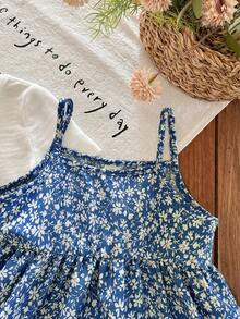 SHEIN LMoss Kids 女婴夏季可爱碎花吊带连衣裙和短袖针织上衣套装 - 彩色 - 查看 7