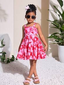 热带碎花镂空露背蝴蝶结休闲连衣裙，适合姐妹装、公园露营、家庭合影、派对、日常休闲穿着。 - 粉色 - 查看 2