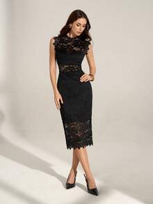 SHEIN Tall 女士单身派对夏季简约优雅白色蕾丝迷你连衣裙，镂空设计和收腰剪裁，适合婚礼季，女士夏季连衣裙 - 黑色 - 查看 1