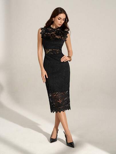 SHEIN Tall Đầm ngắn ren trắng đơn giản và thanh lịch dành cho tiệc độc thân của nữ giới, với các đường cắt khoét và phần eo, thích hợp cho mùa cưới, đầm hè cho phụ nữ.