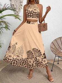 Breezaya Bộ đồ 2 món phong cách nghỉ dưỡng thường ngày, họa tiết nhiệt đới: áo cổ yếm và chân váy. - Màu Tím - Xem 5