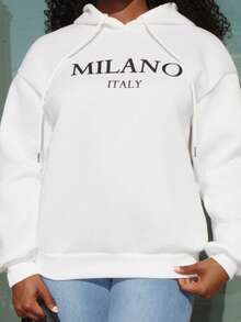 Steph T Women's Casual Simple Milano Pattern White Hoodie Sweatshirt, Loose Fit, Thick Thermal Lined, Suitable For Autumn And Winter,Long Sleeve Tops Back To School Fall And Winter Clothing Autumn And Winter - White - View 5