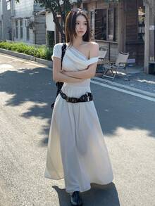 DAZY Damen Spitzenbesatz Träger einfarbiges Midikleid, koreanischer Stil - Weiss - Übersicht 2