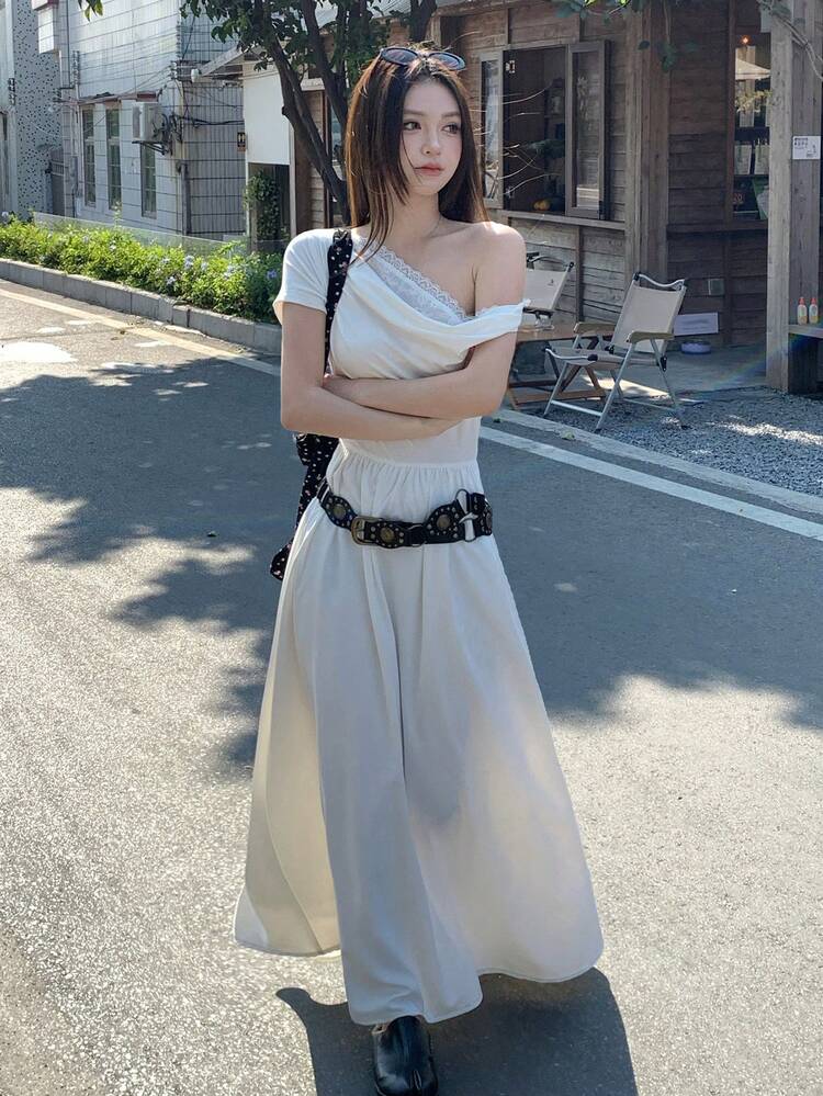 Women's Lace Trim Shoulder Strap Solid Color Mid-Length Dress, Korean Style Sundress
