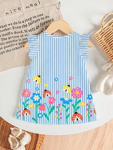 SHEIN Playful Pals Baby GirlColorful Floral & Ladybug Print Knit Ruffle Hem Striped Dress, Summer - Multicolor - View 2