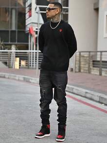 Devon Thys 休闲宽松圆领毛衣，慵懒时尚套头衫，饰有刺绣爱心图案，适合春、秋、冬穿着，男女皆宜 - 黑色 - 查看 5