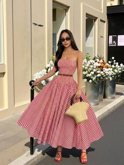 SHEIN PETITE Women's Red Off-The-Shoulder Plaid Ball Gown A-Line Sleeveless Pleated Ankle-Length Formal Evening Dress Date Maxi Dress Sun Dress Long Gingham Dress Women Vacation Dress Picnic Dress,Valentine's Day