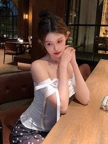 DAZY 女士露肩系带修身短袖T恤 - 白色 - 查看 3