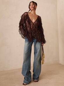 SHEIN Glamour Casual Street Coffee V-Neck Long Sleeve Blouse For Women Brown Lace Top Lace Cover Up Boho Blouses Lace Kimono Sheer Cardigan - Coffee Brown - View 4