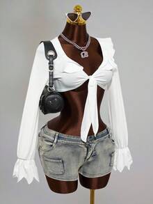 Mistrie Women's Fashion Sexy White Pleated Design Sleeve Bell Shirt - White - View 4