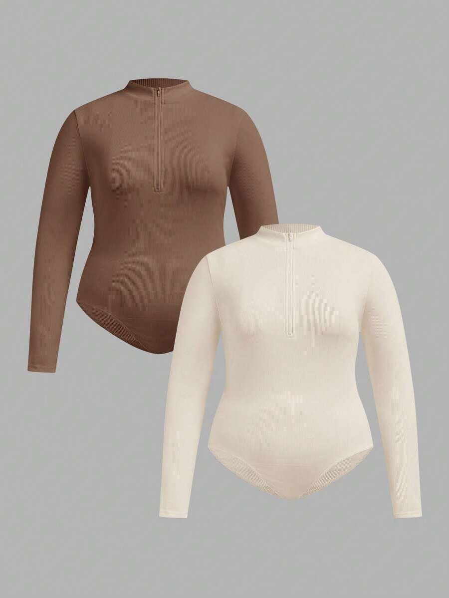 SHEIN Tall CURVE Setelan Bodysuit Wanita Ukuran Besar Warna Hitam & Putih 2 Potong dengan Resleting dan Leher Tinggi - Coklat - View 1