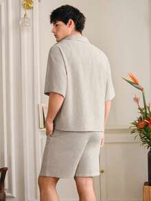 SWAVVY Men's Embroidered Shirt Set, Spring/Summer - Apricot - View 3