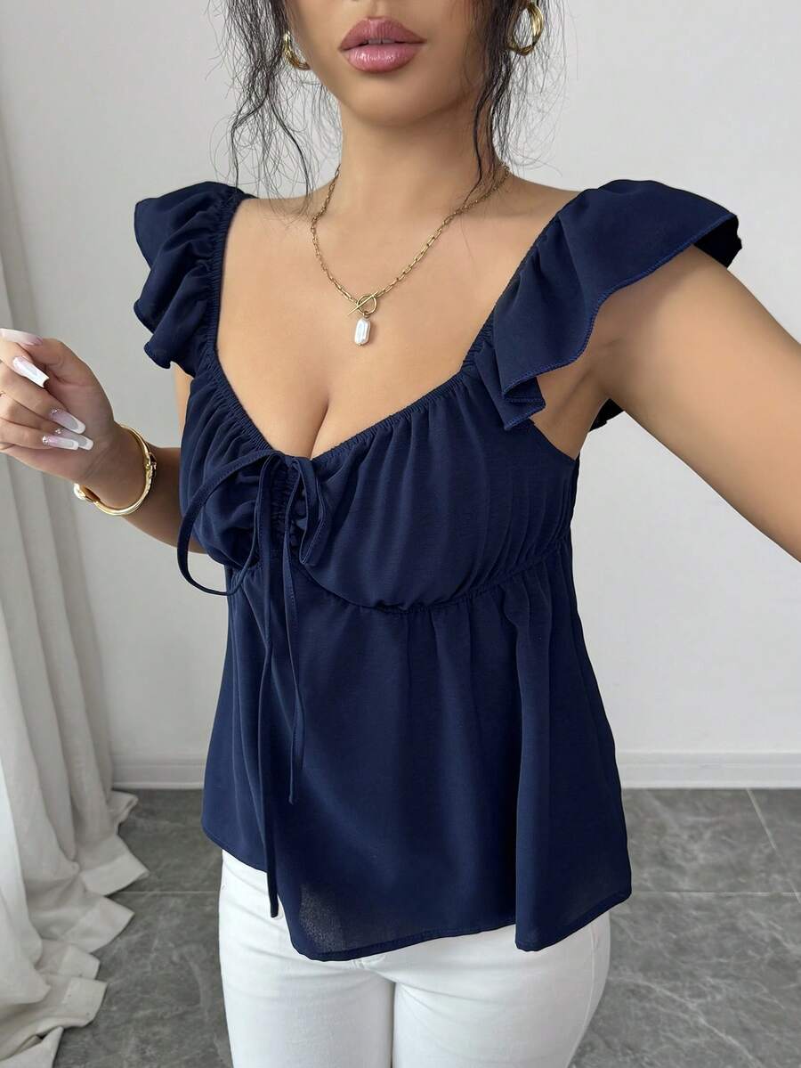 Rafferiza 女士优雅时尚无袖上衣，喇叭袖，胸垫，抽绳，褶皱，蝴蝶结设计，适合春夏度假穿着 - 藏蓝色 - 查看 1