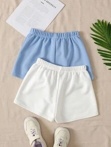 2pcs Tween Girls' Casual Solid Color Knit Wide Leg Shorts - Baby Blue - View 2