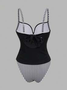 Swim DD+ Women's Striped Adjustable Spaghetti Strap Criss-Cross Back Tie Triangle Tankini Tankini Swimwear Set - Black - View 7