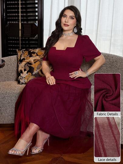 Modelyn Plus Size Women's Fashion Puff Sleeve Jacquard Mesh Dress 2-Piece Set, Elegant Style, Spring/Summer