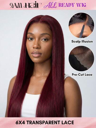 ALL READY WIG Transparent Lace Pre-Plucked Straight Human Hair Wig 99J Burgundy Color 180% Density 6x4 Lace Frontal Wig For Women 16-28 Inch Halloween Costumes