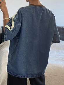DAZY 女士休闲牛仔上衣，V领，短袖，宽松版型，字母刺绣设计，街头风，夏季 - 中等水洗藍 - 查看 5