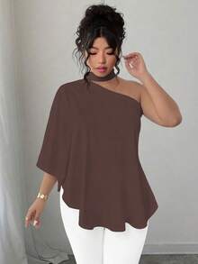 SHEIN Elenzya 大码斜领露背扎染印花衬衫 - 棕色 - 查看 4