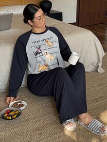 Dazy Plus Plus Size Women Casual Cartoon Animal & Letter Print Loose Long Sleeve Top And Straight Leg Pants Pajama Set, Spring/Summer/Autumn - Navy Blue - View 8