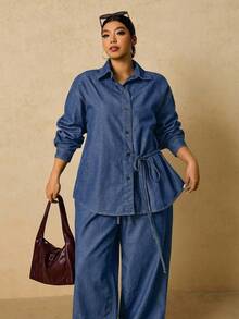 SHEIN Tall CURVE 大码女式长袖单排扣系带衬衫搭配阔腿牛仔裤休闲两件套，适合冬季、圣诞节、新年、感恩节、通勤、度假、毕业典礼等场合，兼具时尚感和Y2K风格，可爱街头风，适合派对、婚礼、商务休闲等各种场合。舒适的牛仔两件套，休闲长袖上衣搭配抽绳腰带阔腿牛仔裤，适合节日聚会等日常穿着。 - 中等水洗藍 - 查看 6