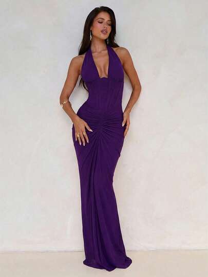 Aloruh Deep Purple Romantic Date Night Valentine's Day Halter Backless Ruched Dress For Women