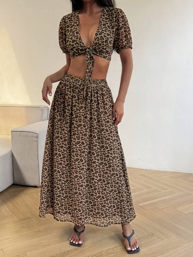 Women's Sexy Leopard Print Cropped Top And Skirt 2 Pieces Set, Summer