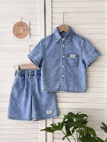 LMoss Kids 2pcs/Set Young Boy New Casual Soft Cute Blue Denim Short Sleeve Shirt And Long Jeans Shorts Set Spring Summer,For Kids Spring/Summer Dailywear Outfits,Boys Streetwear Outfits,Boys Beach Outfit,Vacation Outfits For Boys,Casual Clothes For Boys,Graphic Two-Piece Set,Toddler Two-Piece Set,4-Year-Old Boys Two-Piece Set ,Summer Two-Piece Set,Casual Two-Piece Set - Light Wash - View 6