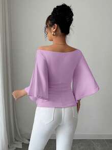 1pc Women's Solid Color Off-Shoulder Elastic Knit Flare Sleeve T-Shirt - Mauve Purple - View 2