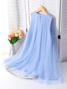 SHEIN Đầm lưới thời trang thanh lịch viền bèo nhún đính ngọc trai cho bé gái - Màu xanh nhạt - Xem 3