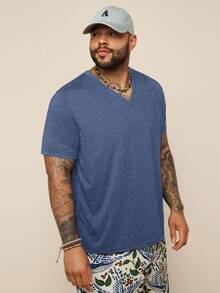 EASEVO Plus Size Men's Casual Fitted Stretch V-Neck Black Short Sleeve T-Shirt, Suitable For Summer - Blue - View 3