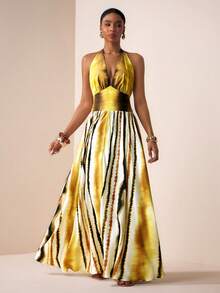 Zivah 2026春夏新品，情人节、音乐节、复活节、西部风、波西米亚风、纳什维尔风格深V领露背系带A字长裙，彩色条纹长裙，度假裹身裙，女士连衣裙，黄色连衣裙，惊艳连衣裙，沙滩黄色连衣裙 - 黃色 - 查看 1