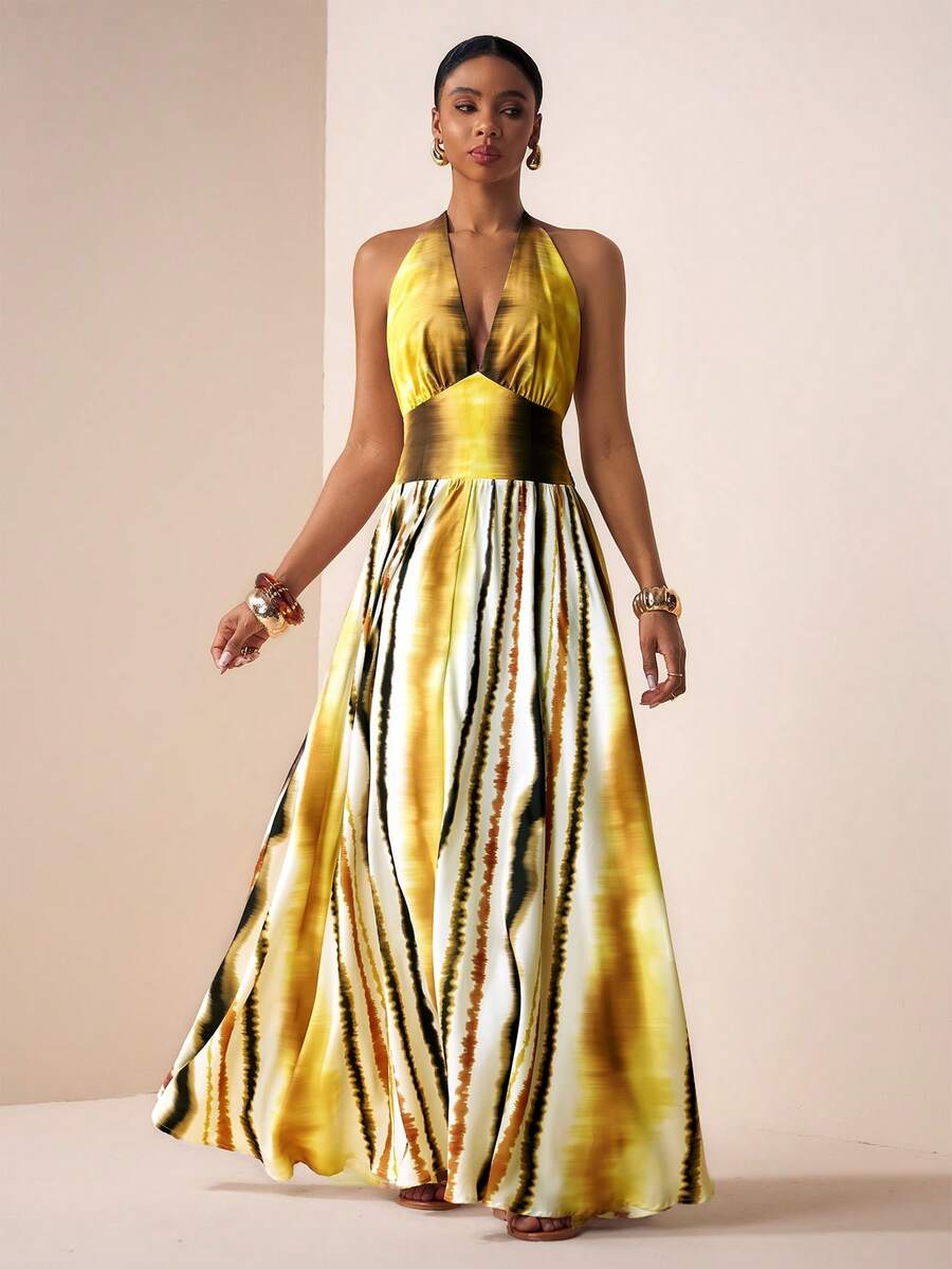 Zivah 2026春夏新品，情人节、音乐节、复活节、西部风、波西米亚风、纳什维尔风格深V领露背系带A字长裙，彩色条纹长裙，度假裹身裙，女士连衣裙，黄色连衣裙，惊艳连衣裙，沙滩黄色连衣裙 - 黃色 - 查看 1