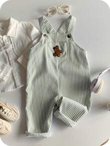SHEIN Baby Boy Casual Cute Versatile Striped Cartoon Bear Pattern Bib Overalls - Multicolor - View 4
