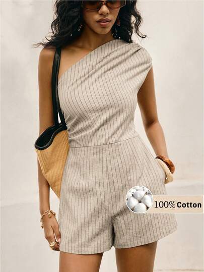 Poéselle Women's Striped Asymmetric Shoulder Pocket Cotton  Jumpsuit, Fashionable For Daily Wear  From Spring To Summer  Jumpsuit  Daily & Date Night Essential