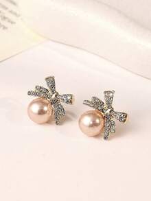 Enchnt 1pair Elegant Minimalist Bowknot Style Faux Pearl & Rhinestone Stud Earrings Valentines,Mom,Mother,Mother's Day,Gift - Multicolor - View 3