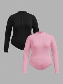SHEIN Tall CURVE 大码女式两件套黑白半拉链高领修身休闲长袖连体衣 - 粉色 - 查看 1